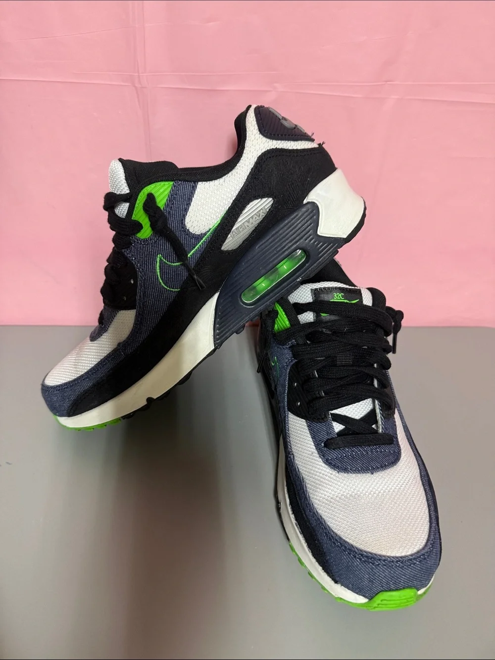 Nike White Navy with Bright Green Accent Sneakers